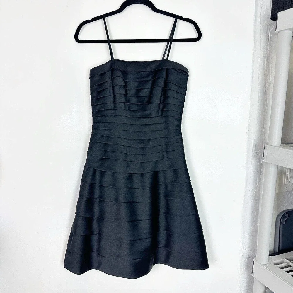 Cache Womens Black Spaghetti Strap Mini A-Line Dress Tiered Cocktail Prom Size 4